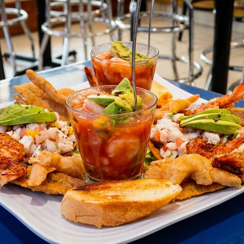 Large platter of shrimp ceviche, fried seafood, avocado, and toasted bread surrounding two glasses of red seafood cocktail.